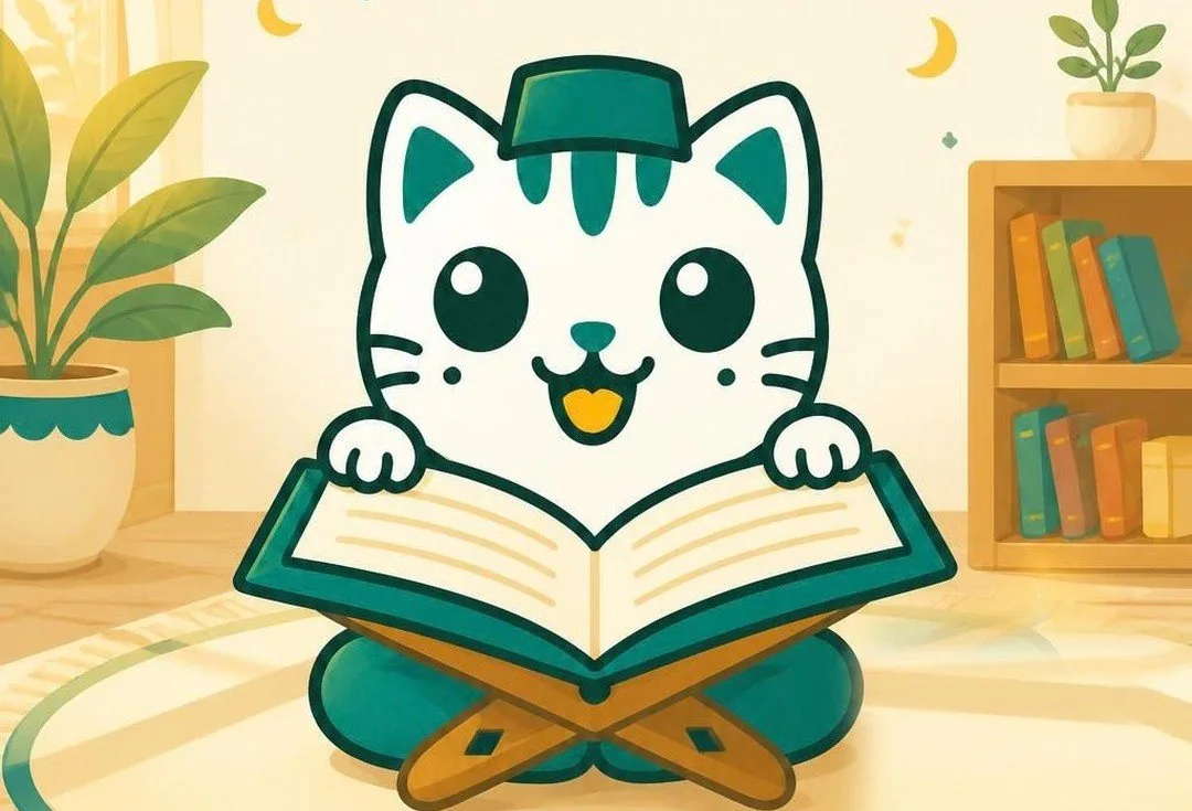 Hoodie, the Hooda Kids cat, reading the Qaida on a wooden book stand